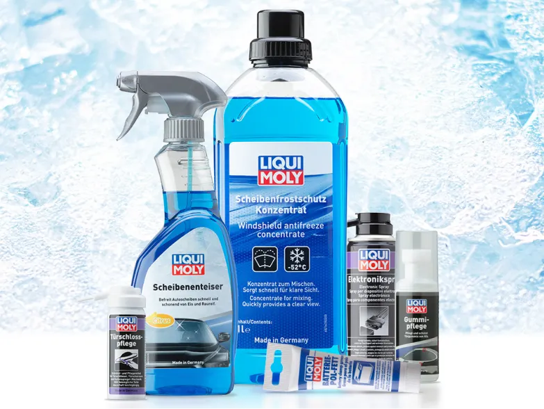 Liqui Moly Winter-Pflegeset mit Scheibenenteiser, Frostschutz und Gummipflege vor eisigem Hintergrund.